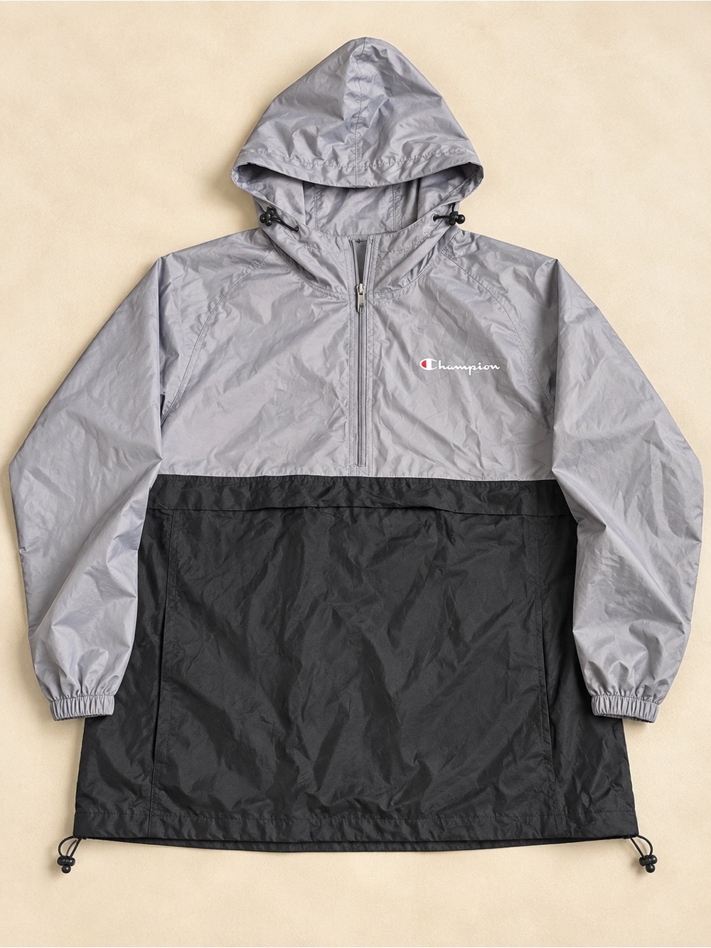 Champion Two-Tone Gray and Black Hooded Half-Zip Windbreaker